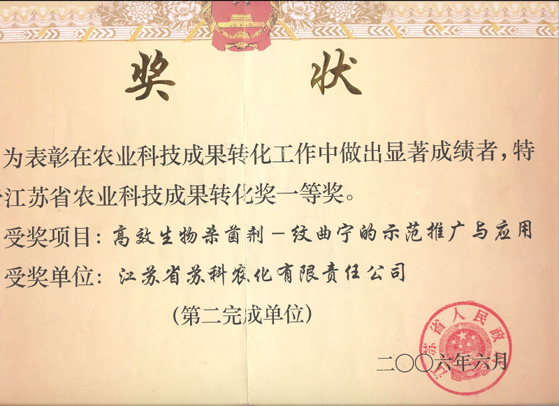 2006年江蘇省科技轉(zhuǎn)化一等獎